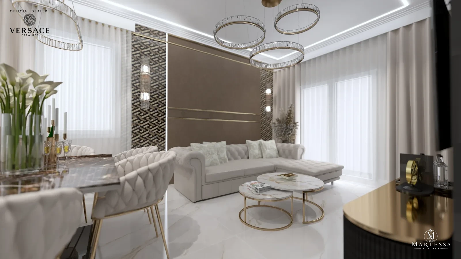 The Great Gatsby — salon z kryształowymi żyrandolami