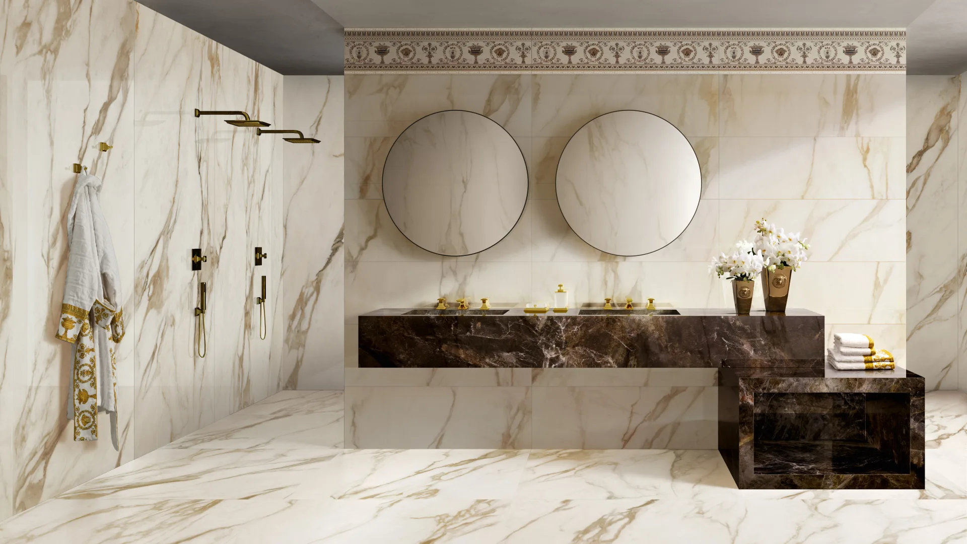 A bathroom with a double vanity and round mirrors, Superbe fittings in gold
